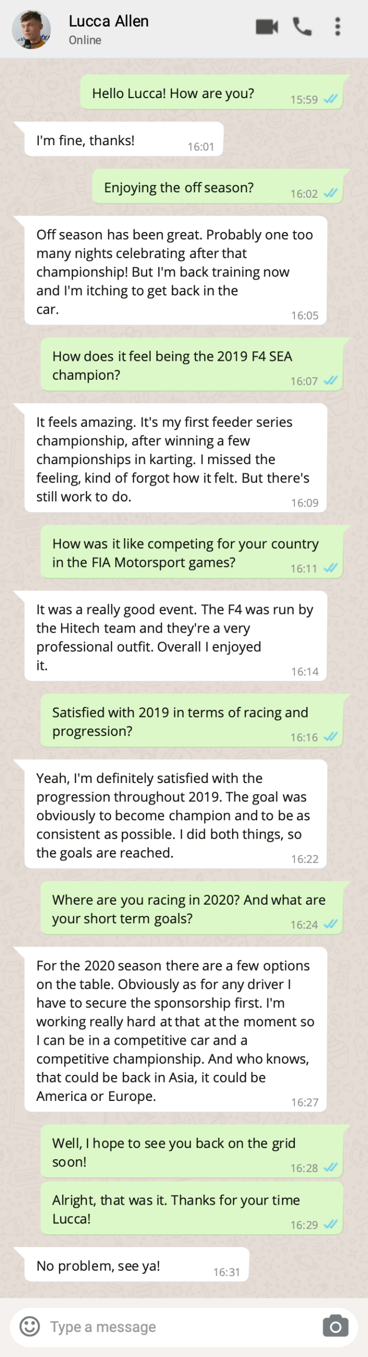 WhatsApp interview Lucca Allen