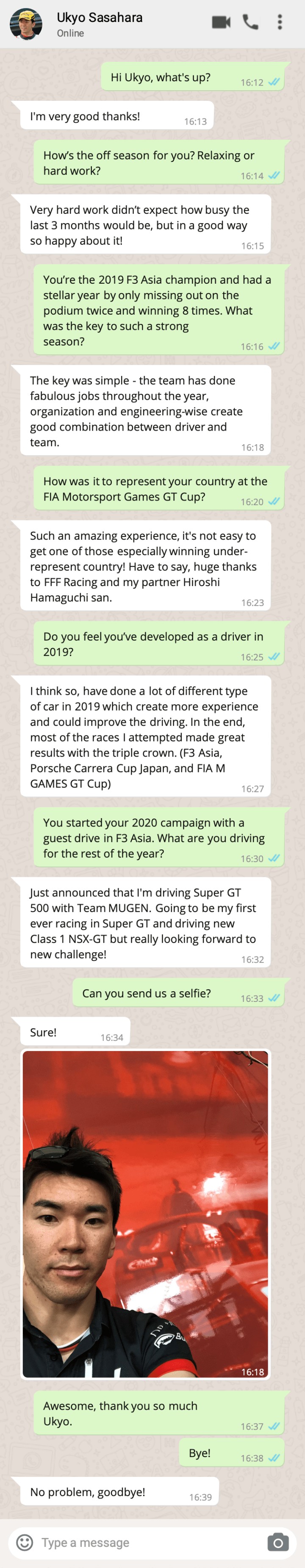 Whatsapp interview Ukyo Sasahara