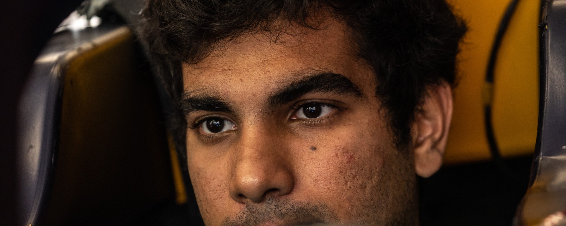 Jehan Daruvala from up close, staring ahead