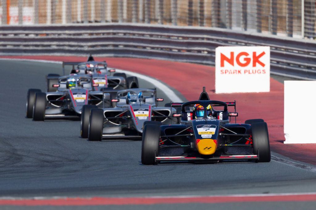 Red Bull junior Arvid Lindblad leads the three other Hitech drivers in Race 2 of what proved to be a successful weekend for the British squad.