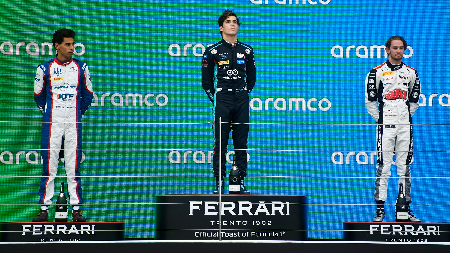 Gabriel Bortoleto, Franco Colapinto and Christian Mansell on the podium at Silverstone